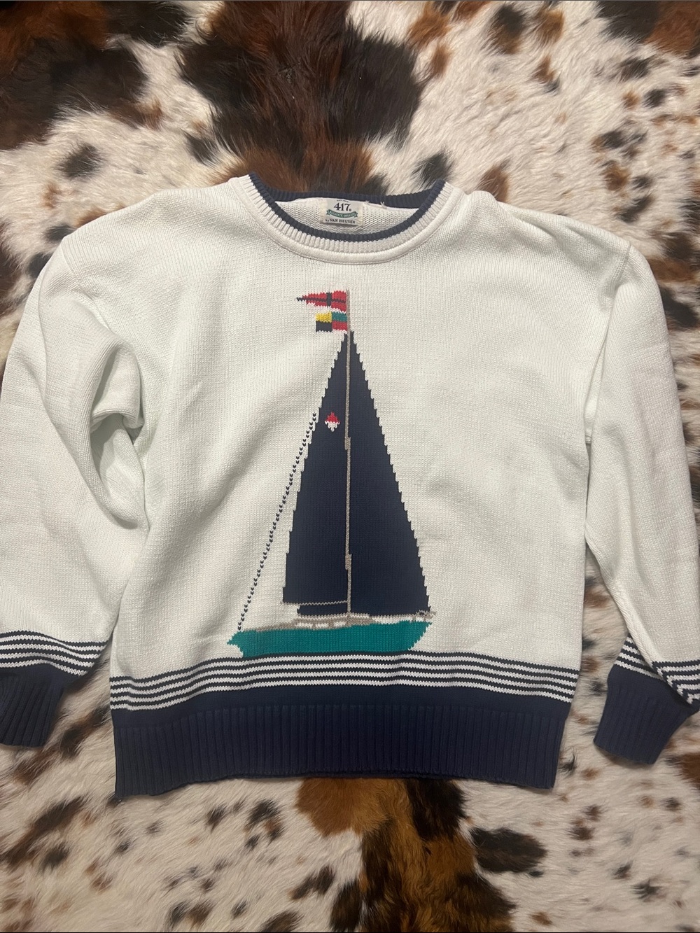 Van Heusen Cream Crewneck Sweater with Navy Sailboat and Teal Hull